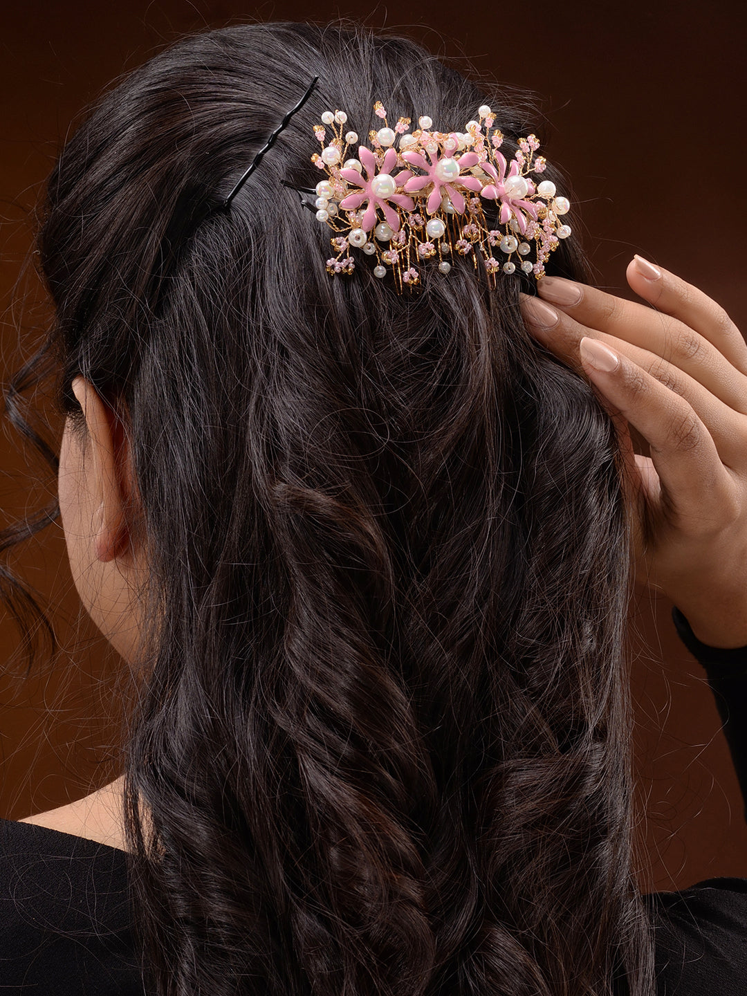 Gold toned Pink Enamelled Flower Tiara Comb Pin, zaveri pearls, sale price rs, sale price, sale gold plated, sale gold, sale, rubans, ring, regular price, priyassi jewellery, kushal's - Saraf